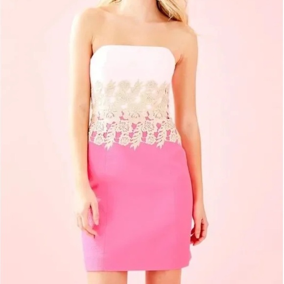 Lilly Pulitzer Kade Strapless Embroidered Mini Dress Pink/Gold (No Straps) - Picture 1 of 6